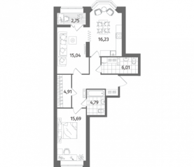 ЖК «Новое Купчино», планировка 3-комнатной квартиры, 76.04 м²