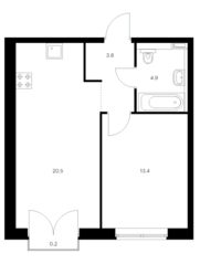 ЖК «Барклая 6», планировка 1-комнатной квартиры, 42.80 м²