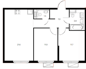 ЖК «Янинский лес», планировка 2-комнатной квартиры, 56.60 м²