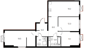 ЖК «Янинский лес», планировка 3-комнатной квартиры, 83.00 м²