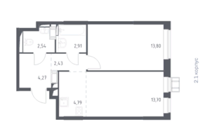 ЖК «Прибрежный Парк», планировка 2-комнатной квартиры, 44.44 м²