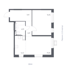 ЖК «Прибрежный Парк», планировка 2-комнатной квартиры, 53.38 м²