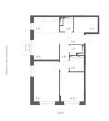 ЖК «Прибрежный Парк», планировка 3-комнатной квартиры, 61.04 м²