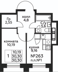 ЖК «МелисСад», планировка 1-комнатной квартиры, 30.30 м²