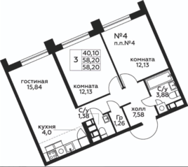 ЖК «МелисСад», планировка 3-комнатной квартиры, 58.20 м²