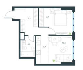 МФК «Level Южнопортовая», планировка 2-комнатной квартиры, 44.60 м²