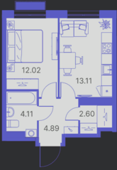 ЖК «Kinetik», планировка 1-комнатной квартиры, 36.73 м²