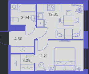 ЖК «Kinetik», планировка 2-комнатной квартиры, 35.02 м²