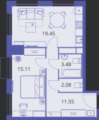 ЖК «Kinetik», планировка 2-комнатной квартиры, 51.67 м²