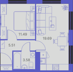 ЖК «Kinetik», планировка 2-комнатной квартиры, 40.27 м²
