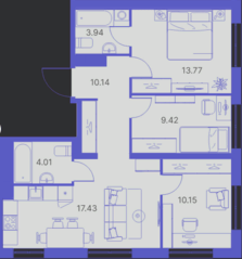 ЖК «Kinetik», планировка 3-комнатной квартиры, 68.86 м²