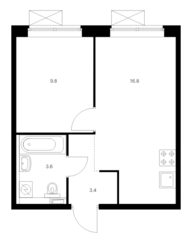 ЖК «Никольские луга», планировка 1-комнатной квартиры, 33.60 м²