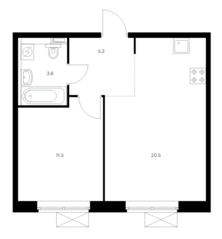 ЖК «Никольские луга», планировка 1-комнатной квартиры, 40.90 м²