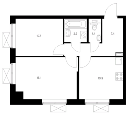ЖК «Кавказский бульвар 51», планировка 2-комнатной квартиры, 48.40 м²