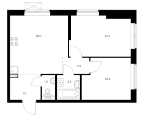 ЖК «Кавказский бульвар 51», планировка 2-комнатной квартиры, 52.30 м²