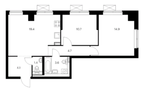 ЖК «Кавказский бульвар 51», планировка 2-комнатной квартиры, 58.80 м²