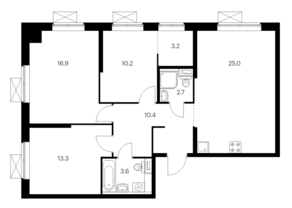 ЖК «Кавказский бульвар 51», планировка 3-комнатной квартиры, 85.30 м²