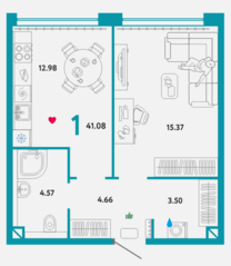 ЖК «WOW», планировка 1-комнатной квартиры, 41.08 м²