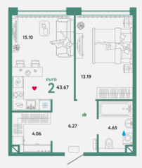 ЖК «WOW», планировка 2-комнатной квартиры, 43.65 м²