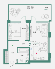 ЖК «WOW», планировка 2-комнатной квартиры, 60.62 м²