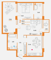 ЖК «WOW», планировка 2-комнатной квартиры, 78.01 м²
