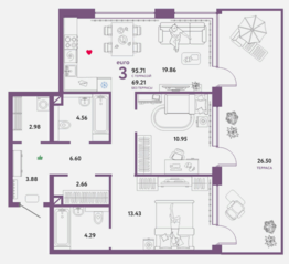 ЖК «WOW», планировка 3-комнатной квартиры, 95.71 м²