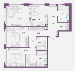 ЖК «WOW», планировка 3-комнатной квартиры, 78.15 м²