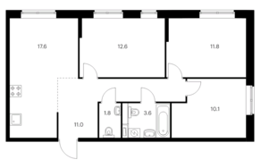 ЖК «Полар», планировка 3-комнатной квартиры, 68.50 м²