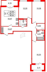 ЖК «Amber Club», планировка 3-комнатной квартиры, 85.17 м²