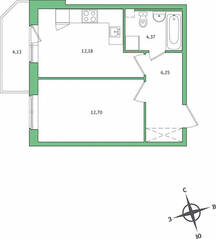 ЖК «IQ Гатчина», планировка 1-комнатной квартиры, 36.74 м²