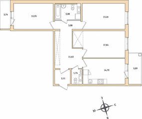 ЖК «IQ Гатчина», планировка 3-комнатной квартиры, 86.91 м²