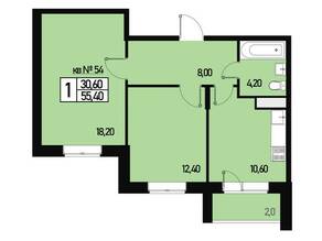 МЖК «Борисоглебское 2», планировка 2-комнатной квартиры, 54.00 м²