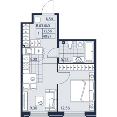 ЖК «Alter», планировка 1-комнатной квартиры, 40.87 м²