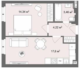 Апарт-отель «Наследие на Марата», планировка 1-комнатной квартиры, 39.60 м²