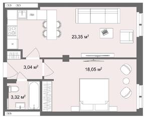 Апарт-отель «Наследие на Марата», планировка 1-комнатной квартиры, 47.90 м²