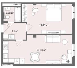 Апарт-отель «Наследие на Марата», планировка 1-комнатной квартиры, 51.80 м²