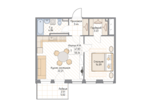 ЖК «Квадрия», планировка 1-комнатной квартиры, 50.34 м²