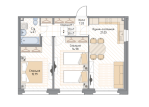 ЖК «Квадрия», планировка 2-комнатной квартиры, 59.47 м²