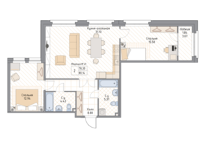 ЖК «Квадрия», планировка 2-комнатной квартиры, 80.14 м²