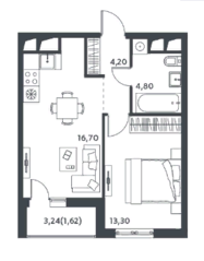 ЖК «Микрогород «В лесу», планировка 1-комнатной квартиры, 40.40 м²