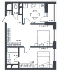 ЖК «Микрогород «В лесу», планировка 2-комнатной квартиры, 59.10 м²