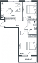ЖК «Микрогород «В лесу», планировка 2-комнатной квартиры, 62.10 м²