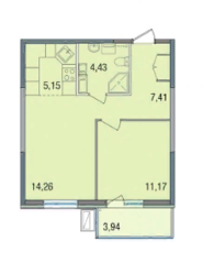 ЖК «Финский», планировка 2-комнатной квартиры, 44.39 м²