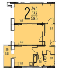 ЖК «Афродита», планировка 2-комнатной квартиры, 59.50 м²