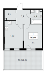 ЖК «Южные сады», планировка 1-комнатной квартиры, 46.60 м²