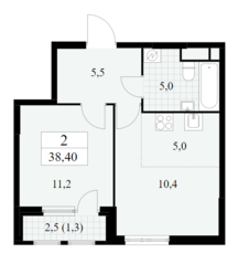ЖК «Южные сады», планировка 2-комнатной квартиры, 38.40 м²