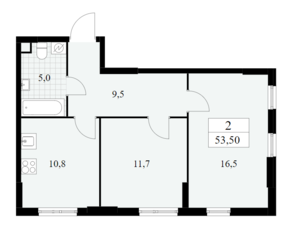 ЖК «Южные сады», планировка 2-комнатной квартиры, 53.50 м²