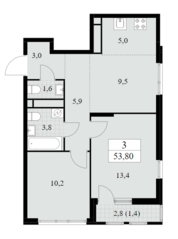 ЖК «Южные сады», планировка 3-комнатной квартиры, 53.80 м²