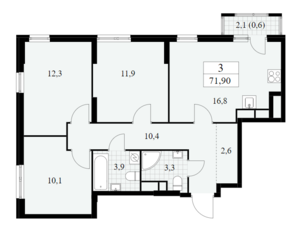 ЖК «Южные сады», планировка 3-комнатной квартиры, 71.90 м²