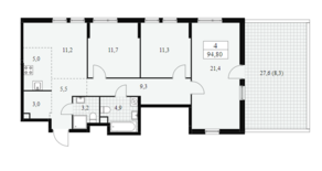ЖК «Южные сады», планировка 4-комнатной квартиры, 94.80 м²